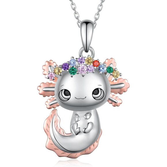 Cute Axolotl Sterling Silver Necklace with Colored Zircons, 20 chain, charming
